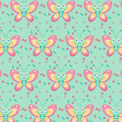 Cute Colorful Butterfly Pattern with Flowers and Leaves on Mint Green Background