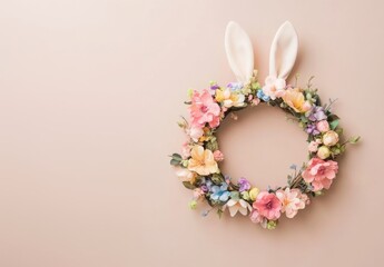 Obraz premium Easter wreath with floral bunny. Easter wreath decorated with pastel flowers and bunny ears, symbolizing spring, renewal and the joy of the holiday. Ideal for Easter celebrations and home decorations