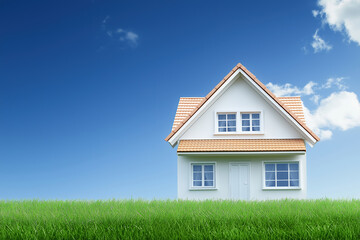 Charming white house with a sloped roof and grassy lawn under a bright blue sky