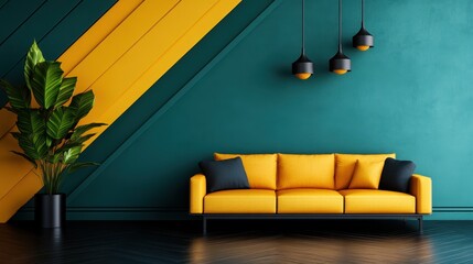 A vibrant yellow couch contrasts against a geometric teal and mustard wall, showcasing stylish home decor and a lively artistic design, perfect for modern interiors.