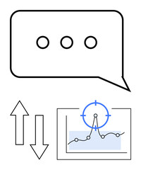Speech bubble, upward and downward arrows, graph with target point. Ideal for communication, data analysis, decision-making, trends, feedback, statistics abstract line flat metaphor