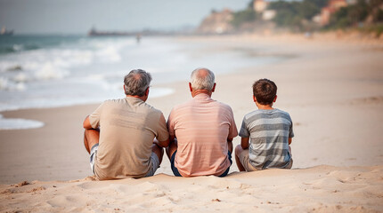 father and son, back view, sit on beach, father day