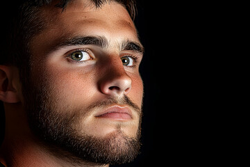 Fototapeta premium Handsome guy portrait, looking up, studio shot on a black background, serious look