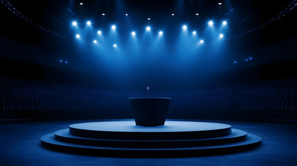 Illuminated stage with a podium for speech in a large venue, ready for speaker