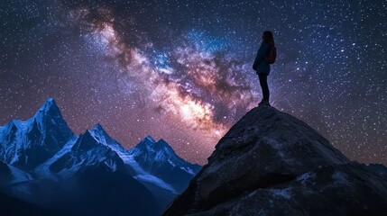 Obraz premium Space with Milky Way, girl and mountains. Silhouette of standing woman on the mountain peak, mountains and starry sky at night in Nepal. Sky with stars. Trekking. Night landscape with bright milky way