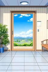 Fototapeta premium Indoor view of a calming rural scenery with a clear sky, for home decoration