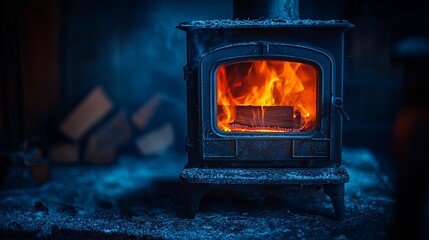 Cozy wood stove burning brightly in snowy cabin