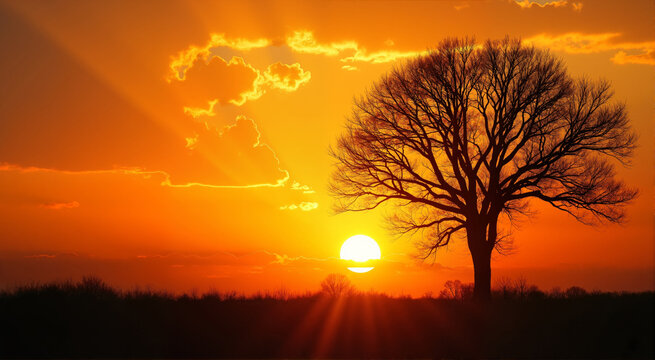 A solitary tree silhouetted against an intense orange sunset. The vibrant sky creates a dramatic and serene natural scene.