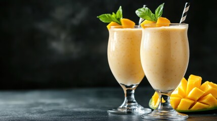 Thick mango smoothies served in elegant glasses, embellished with fresh fruits, inviting a refreshing taste of summer that is both healthy and delicious.