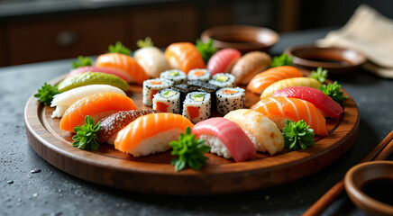 A beautifully arranged platter of assorted sushi rolls and nigiri on a wooden plate. The dish features a variety of fresh and vibrant ingredients, perfect for a delightful dining experience.