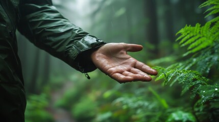 Close up of explorer male hand in green rainy forest.Survival travel,lifestyle concept.