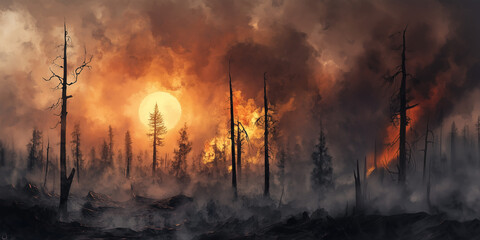Red and orange wildfire night. Aerial view of massive forest fire with burning trees and black smoke.