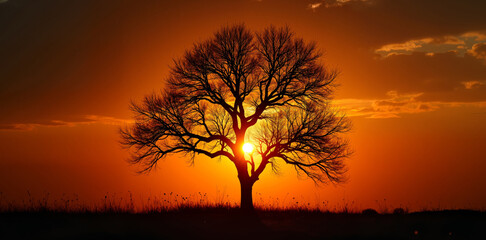 Obraz premium Lone tree silhouetted against a vivid sunset sky. The warm hues of the setting sun create a breathtaking scene.