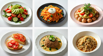 A collection of six beautifully plated dishes showcasing a variety of fresh ingredients and culinary styles.