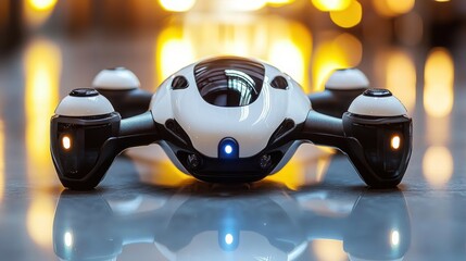 Fototapeta premium White drone on floor, city lights blurred background