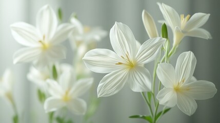 White flowers bloom near window, soft light