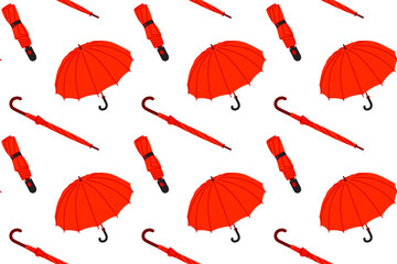 Obraz premium Red Seamless pattern of various umbrellas. Open, folded, and closed umbrellas. Various positions. Parasols for rainy weather. Rain protection accessories.