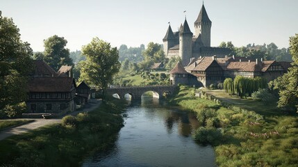 Naklejka premium Medieval Village With Stone Bridge And Castle
