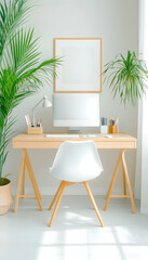 Obraz premium Minimalist home office with desk, computer, indoor plants. Copy space for advertising