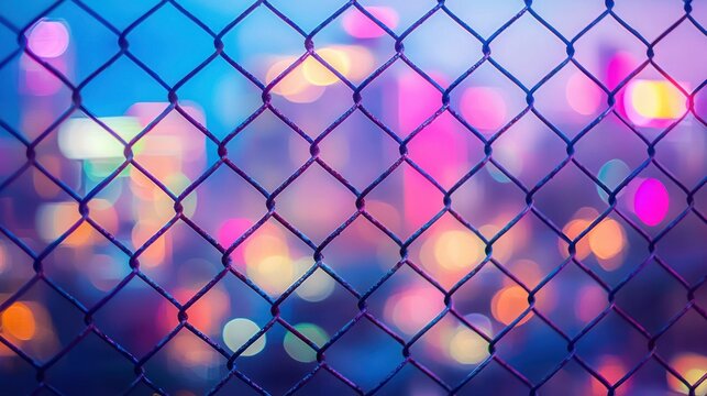 Chain link fence obscures blurred city lights at night for security and safety - Powered by Adobe