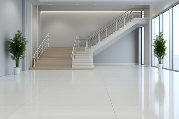 Obraz premium Modern office staircase, bright interior, plants, window view, design concept