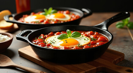 Fototapeta premium Delicious baked eggs in a cast iron skillet with tomato sauce and herbs. Perfect breakfast dish served in a rustic style.