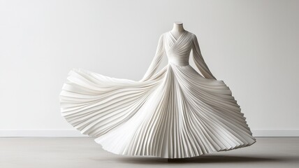 National Dress day. Elegant white dress on a mannequin, showcasing intricate pleats and flowing design.