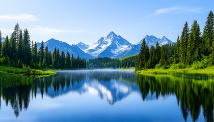 Mountains reflected in calm lake. Evergreen forest, scenic backdrop for travel, nature