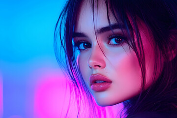 Neon portrait of a woman looking at viewer with blue and pink light background