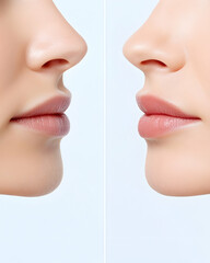 Obraz premium Nose and lips comparison before and after plastic surgery against a light background