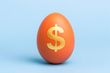 Obraz premium Orange egg with gold dollar sign, blue background, finance concept, stock photo