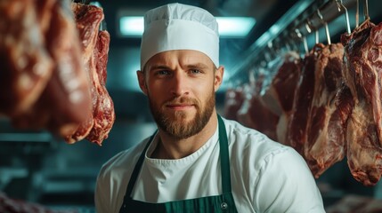 A skilled butcher stands confidently in a meat processing facility, surrounded by various cuts of meat on display, showcasing the artistry of butchery and craftsmanship.