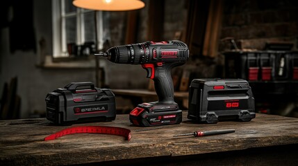 Cordless drill, accessories, workshop, tools on workbench