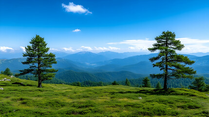 Fototapeta premium Picturesque Mountain Vista Two trees frame mountain range, tourism or background