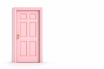 Pink door on white background, symbolizes hope, new beginnings, and opportunities