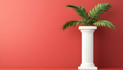 Plant in a white column pot against a red wall. Decor or background element