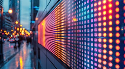 City street digital display glows at night showing business, finance, markets data