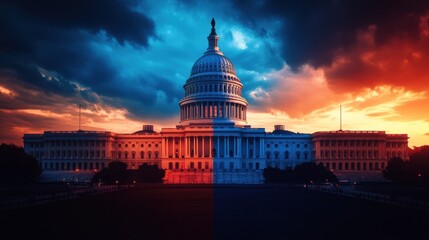 Dramatic Washington D.C. Capitol Building at Sunset with Divided Lighting