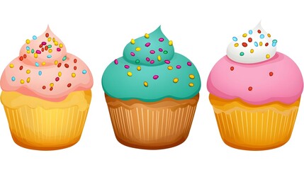 Three Colorful Cupcakes With Sprinkles and Swirls of Icing