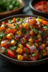 Vibrant mexican corn salad with tomatoes, onions, and cilantro in rustic bowl