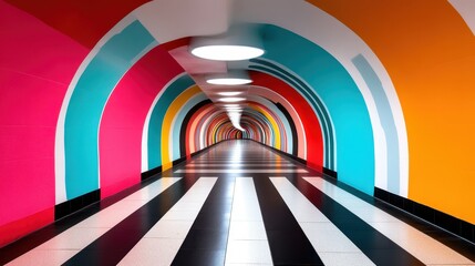 A mesmerizing colorful tunnel adorned with dynamic wall art creates an impactful visual experience that evokes feelings of excitement and energy in urban exploration.
