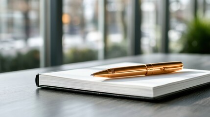 An elegantly designed pen lies atop an open notepad, capturing the essence of creativity and productivity in a clean, well-lit workspace filled with inspiration.