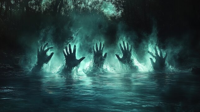 A dark river with glowing ghostly hands reaching out from beneath the water, haunting and intense 