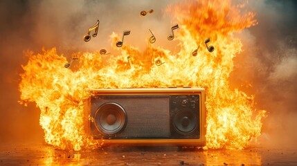 A retro-style radio set in flames with musical notes emerging symbolizes the impact of sound and emotions, illustrating a unique blend of nostalgia and artistic interpretation.