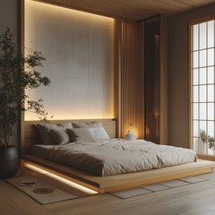 Fototapeta premium Bright zen bedroom features a platform bed with ambient lighting