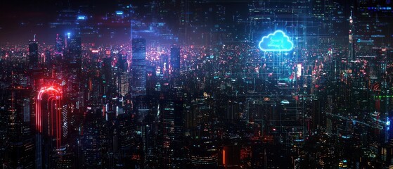 Fototapeta premium Night Cityscape with Glowing Cloud Data Network