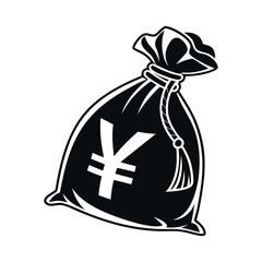 Black Silhouette Icon of a Money Bag with Japanese Yen and Chinese Yuan Symbol, Representing Asian Currency, Isolated on White Background