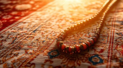 Elegant Beaded Necklace on Vintage Textile Background in Warm Light