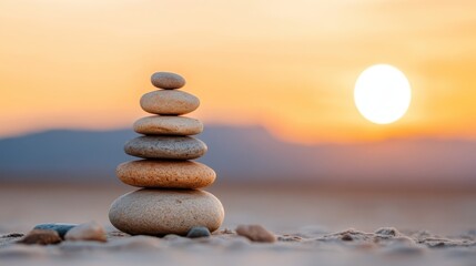 Fototapeta premium A calming arrangement of stones stacked on a beach, set against a tranquil sunset backdrop, embodying peace, balance, and the beauty of nature in a harmonious scene.