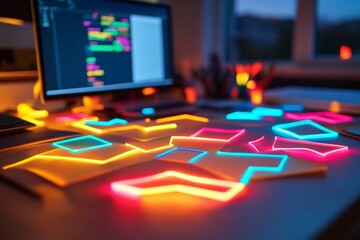 On a sleek desk, vibrant neon sticky notes in various abstract shapes illuminate the surface, casting colorful reflections